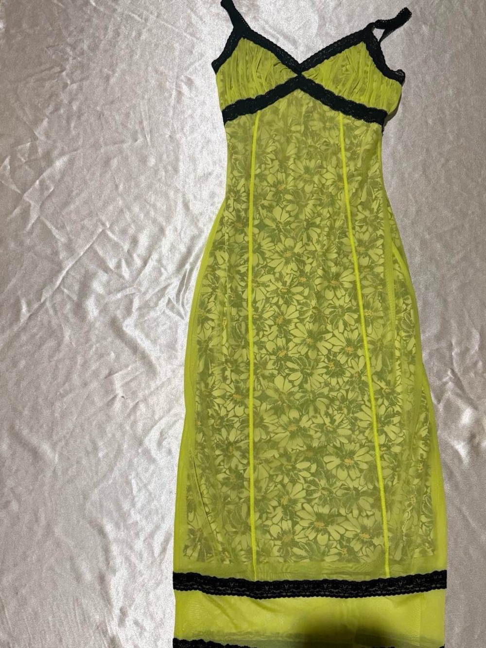 Urban Outfitters light green black floral mesh overlay dress, M